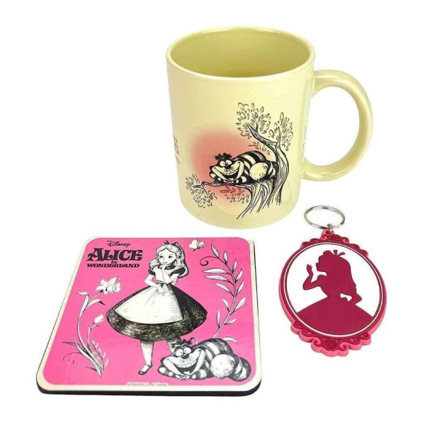 Vintage Alice im Wunderland-Set aus Tasse, Untersetzer und Schlüsselanhänger – Disney