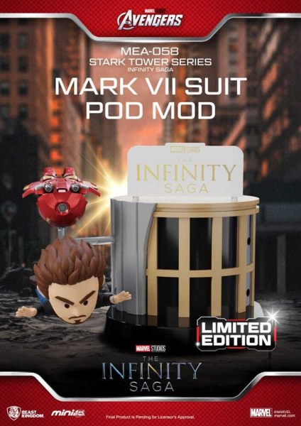 Marvel Figur Mini Egg Attack The Infinity Saga Stark Tower Serie Tony Stark & ​​Mark VII Anzug Pod Mod 12 cm