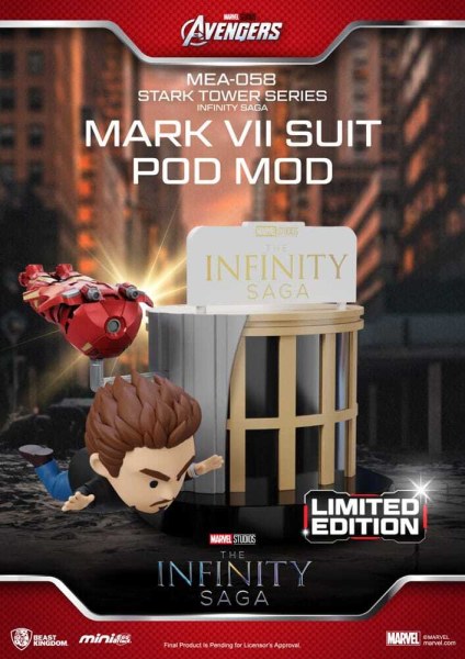 Marvel Figur Mini Egg Attack The Infinity Saga Stark Tower Serie Tony Stark & ​​Mark VII Anzug Pod Mod 12 cm