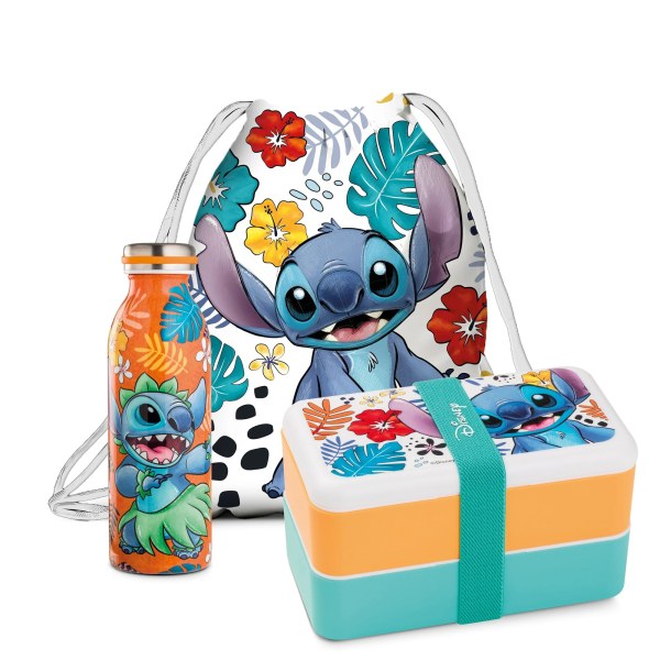 Stitch Set Flasche + Lunchbox + Kordelzug-Tasche - Disney