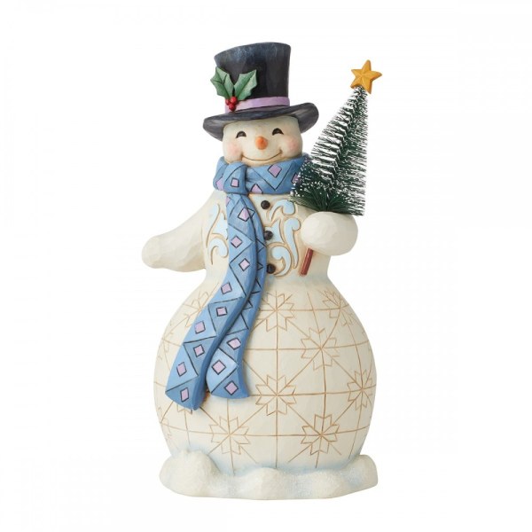 SCHNEEMANN, DER EINEN WEIHNACHTSBAUM HÄLT - JIM SHORE HEARTWOOD CREEK